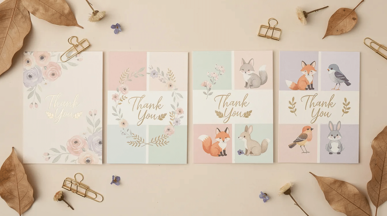 03b86b11-495f-4df3-926c-aa146c82dbc4 The image features a collection of cute thank you cards adorned with soft floral and botanical designs, complemented by playful animal motifs and minimalist pastel patterns. These cards are perfect for expressing gratitude on various occasions, such as weddings or graduations, and are designed to appeal to a broad audience with their gentle sentiments and beautiful aesthetics.