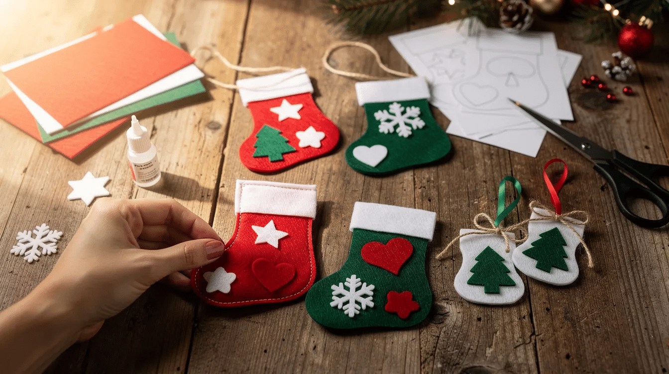 0420ac78-da57-49cc-b63b-07de3ac67818 The image features a collection of colorful, no-sew felt Christmas stockings, each adorned with decorative ribbons and pom poms, showcasing the charm of DIY gifts for the holiday season. These handmade stockings, perfect for hanging on a Christmas tree or mantel, highlight the creativity and personal touch that can elevate holiday crafts.