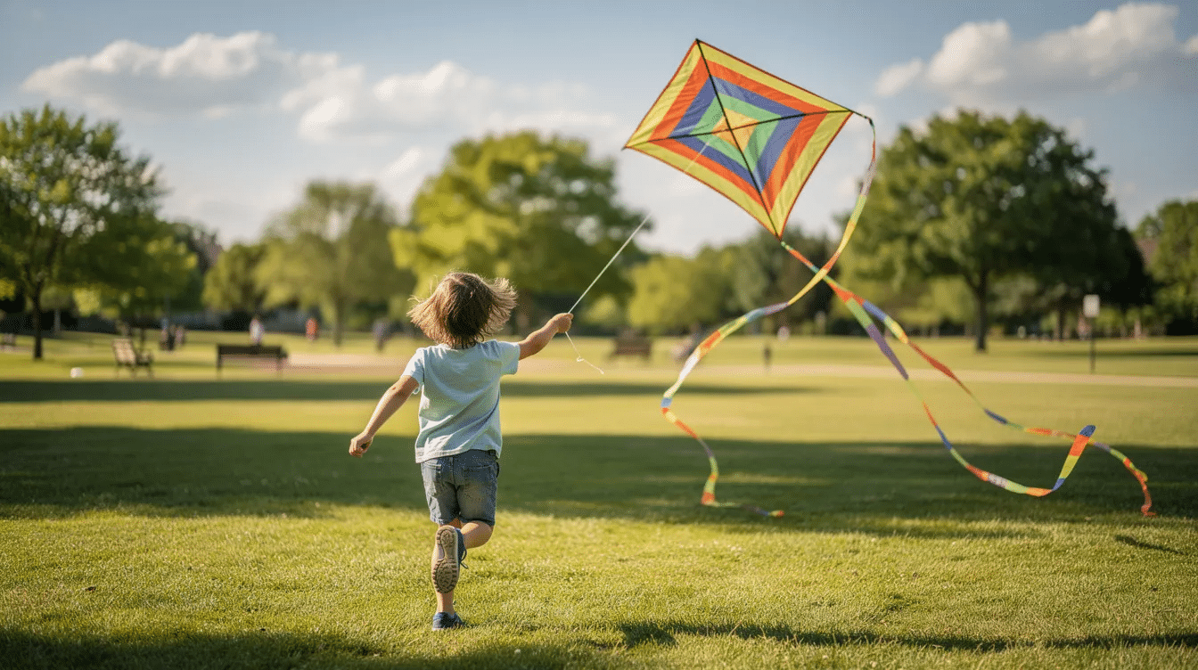044090b3-6b33-4e5a-8002-90d4c4015128 A young child joyfully runs across a grassy park on a sunny day, clutching a colorful diamond-shaped fabric kite made of lightweight ripstop nylon, which soars behind them on a gentle breeze. The kite's tail dances in the wind, adding to the fun and excitement of flying their own kite in the open air.