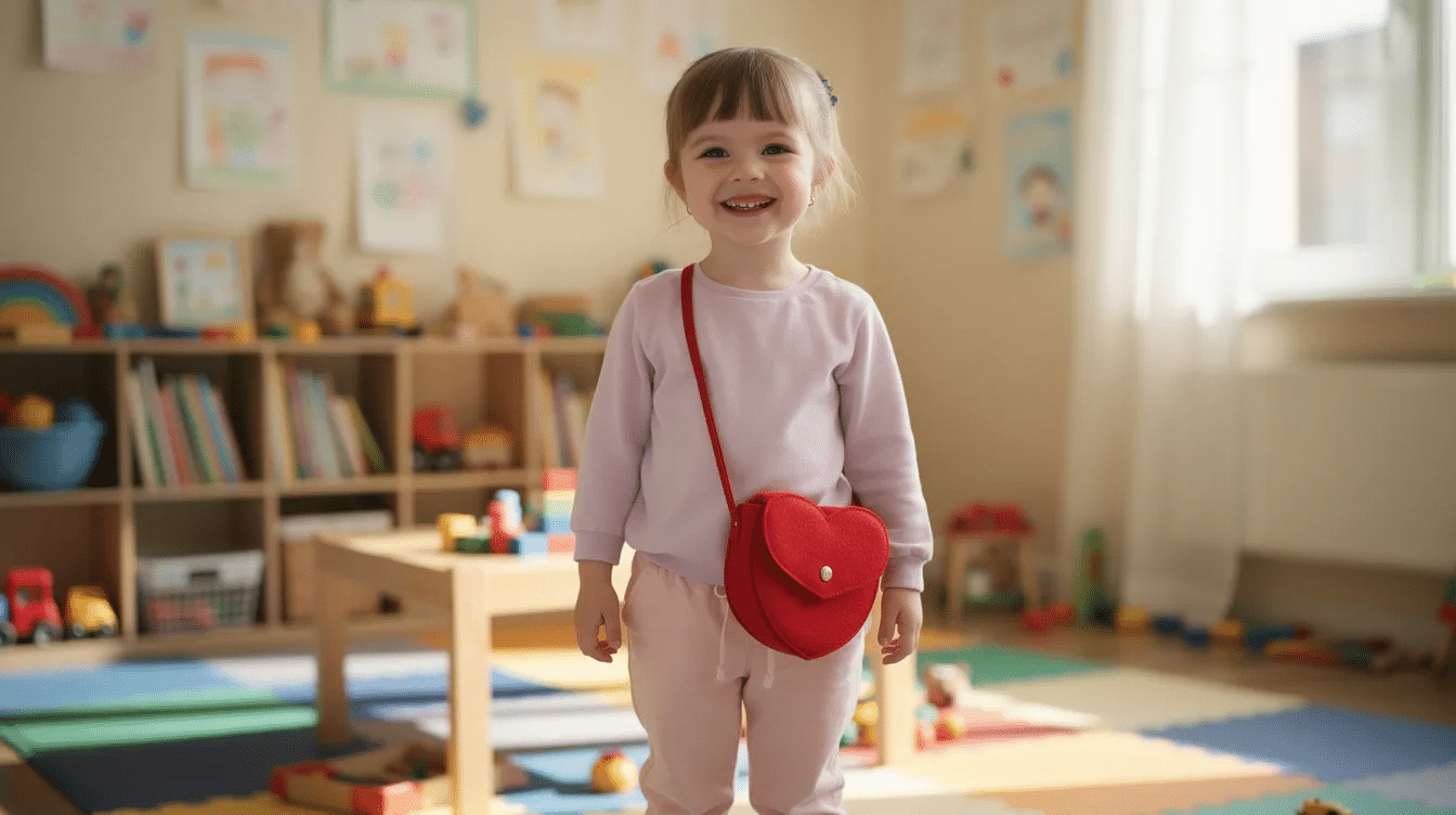 060428fb-f02e-42c7-8f96-98fb9a40d3d2 A young child is smiling in a bright playroom, wearing a small red felt heart-shaped bag on a crossbody strap. The playful atmosphere highlights the bag's charming style, making it a delightful accessory for kids.