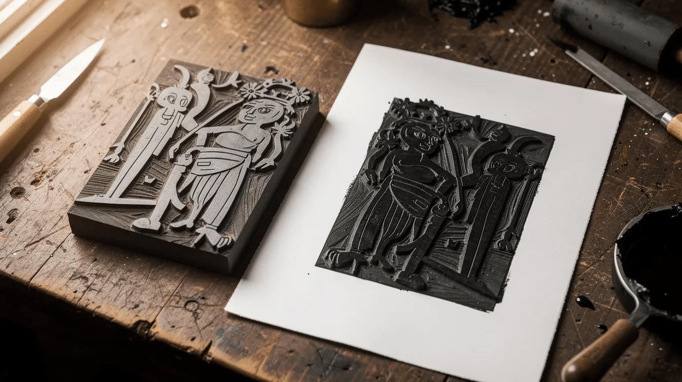 0731965a-16a2-44a2-b8a1-799f8fce05e5 A carved lino block rests beside a freshly printed design on white paper, showcasing the results of traditional lino printing techniques. The wooden table provides a textured backdrop for this printmaking setup, highlighting the process of creating linocuts with tools like a brayer and carving tools.