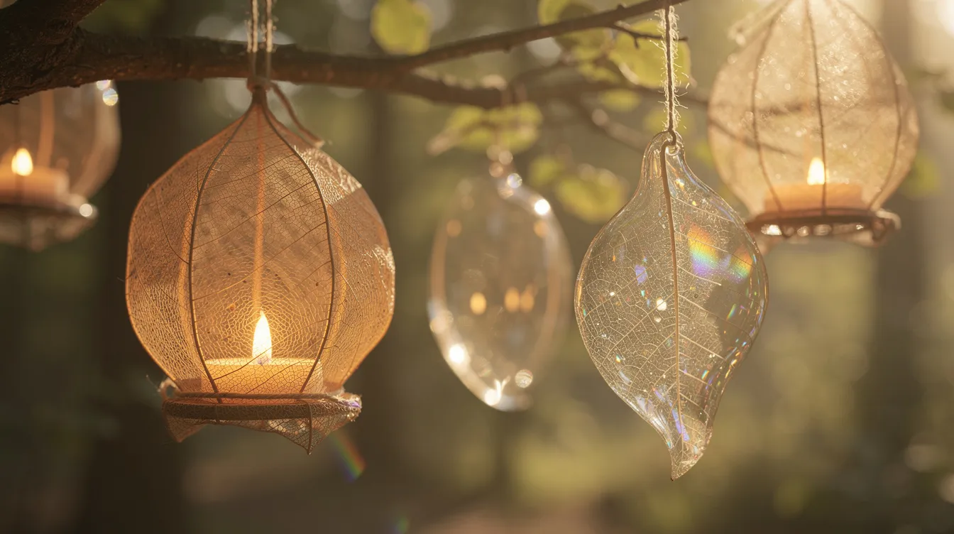 07710105-f3b1-4917-904a-bd3a384030bb The image showcases beautifully crafted leaf lanterns and light catchers made from colorful autumn leaves, twigs, and natural materials, perfect for fall nature crafts. This creative project highlights the beauty of the natural world, inviting families to enjoy creating together using basic craft supplies.