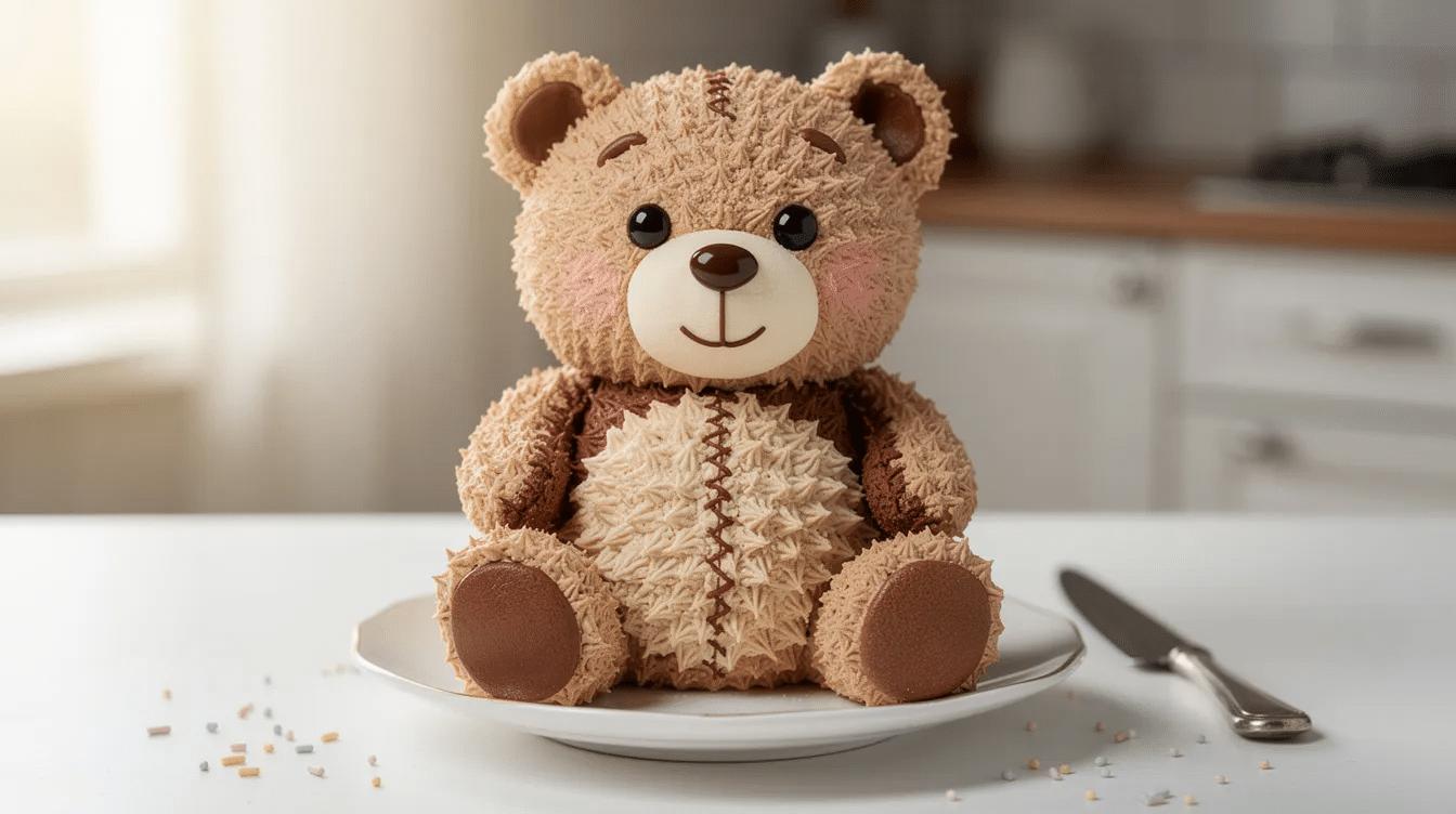077dae53-3b1a-4afb-a853-2ba36586e846 The image features an incredibly easy teddy bear cake, designed with a round shape and decorated with light brown frosting to resemble a cute bear's face, complete with darker chocolate frosting for the snout and black fondant for the eyes and nose. This adorable cake is perfect for a child's birthday party or a baby shower, sitting on a cake board ready to delight guests.