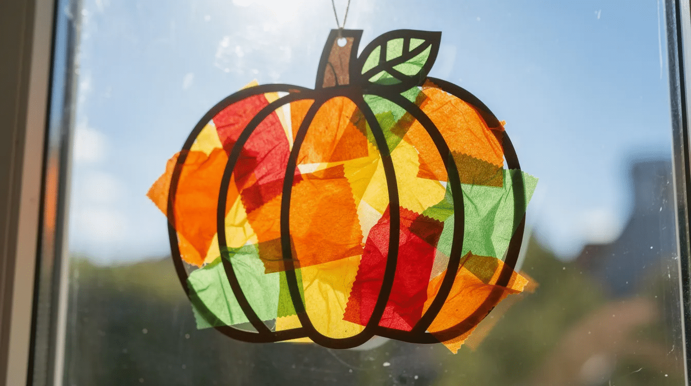 080f6dba-b468-40d5-90e8-8858ee685aa2 A colorful tissue paper suncatcher shaped like a pumpkin hangs in a window, allowing sunlight to stream through and illuminate its vibrant hues. This cute craft is a perfect addition to your Halloween decor, bringing a touch of creativity and the Halloween spirit to any room.