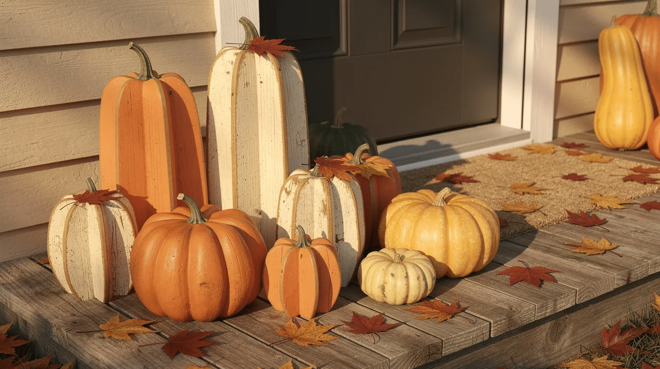 0845a173-8470-48ec-bd12-d8cc3939a5d0 A charming collection of rustic wooden pumpkins in shades of orange and cream, varying in size, is displayed on a front porch alongside real gourds and scattered autumn leaves, creating a cozy fall decor atmosphere perfect for Halloween wood crafts. This delightful arrangement showcases the versatility of wood projects for fall, inviting creativity and seasonal inspiration.