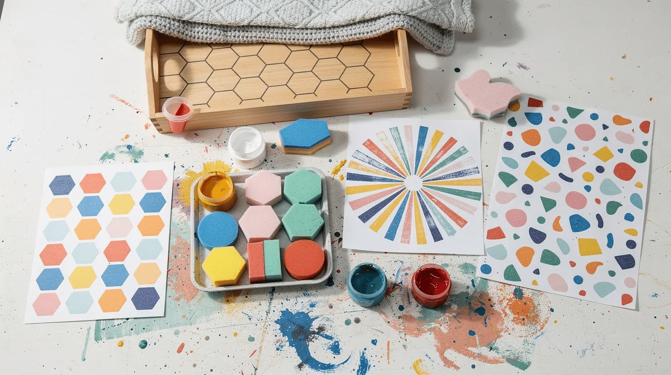 08768146-b36f-4742-871f-ae95958ca333 The image showcases a vibrant array of sponge stamps cut into various geometric shapes, including hexagons and circles, used for block printing colorful terrazzo-inspired patterns. This fun crafting activity emphasizes easy cleanup with washable paints, making it an ideal new hobby for kids and adults alike.