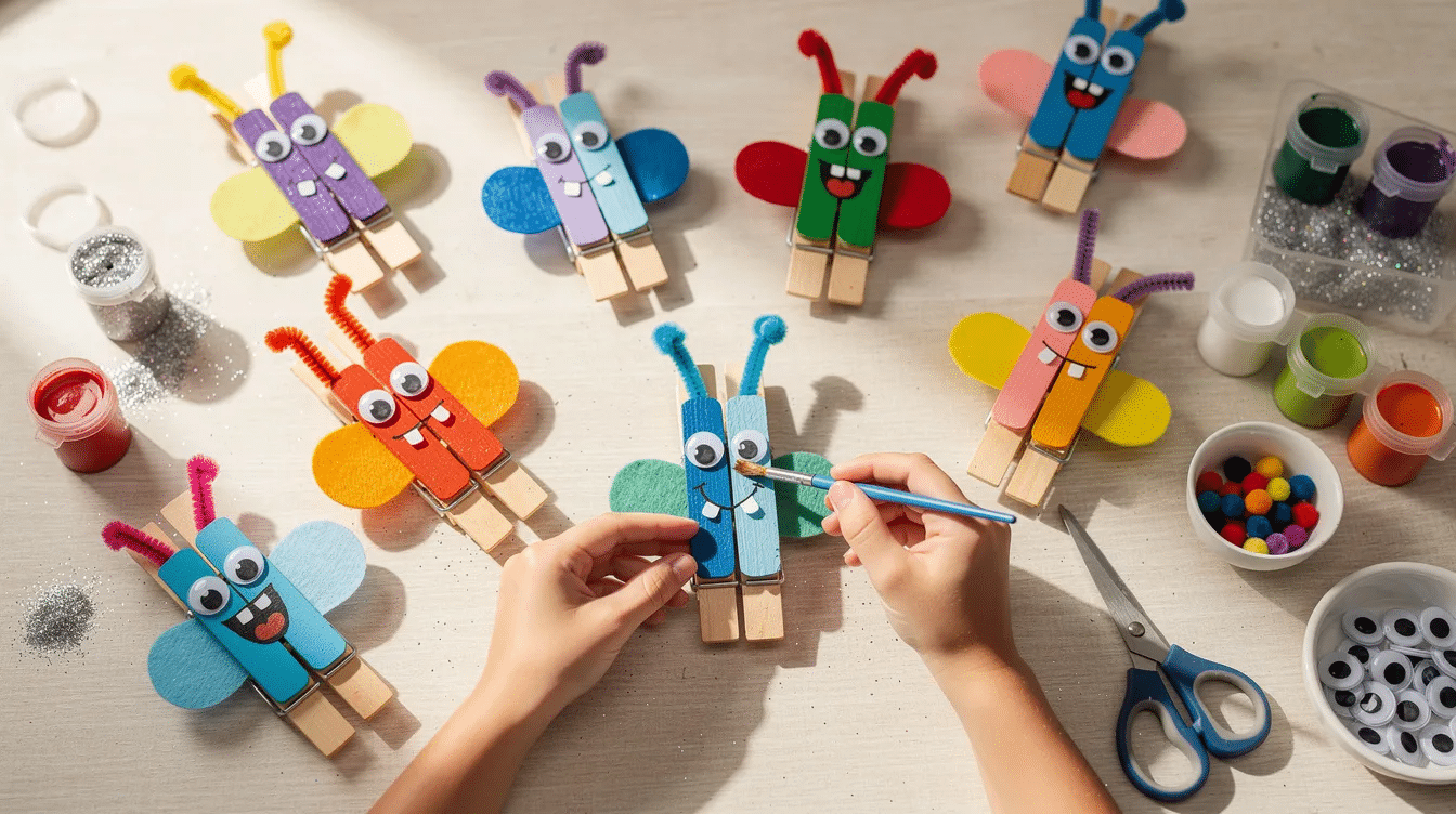 08f92b57-ff7f-47fe-8073-530ca35467d7 The image showcases a colorful array of cute peg monsters crafted by kids, featuring googly eyes and bright colors, all displayed on a craft table. This fun activity encourages creativity and is a perfect way for the whole family to enjoy crafting together, especially around Halloween.