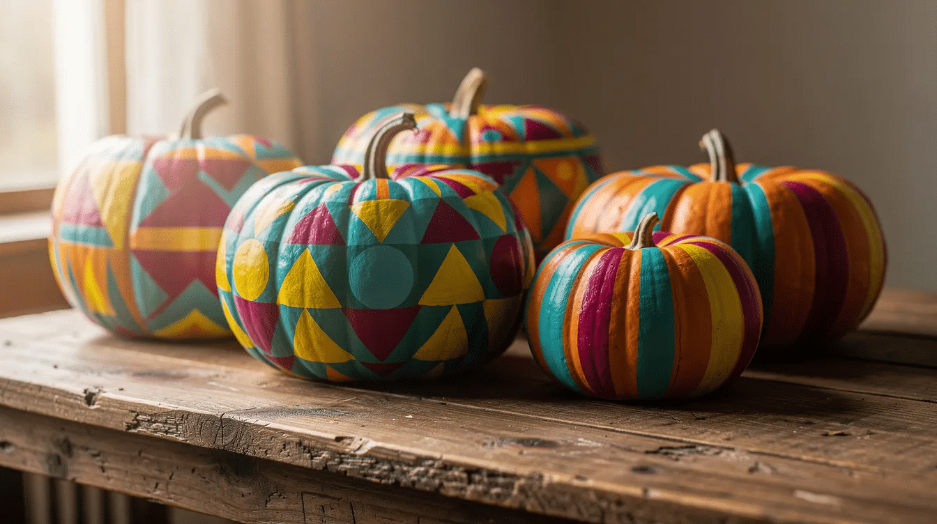 0a7bf39c-15f6-4e1b-ae4a-0b97355a6d43 A collection of painted pumpkins featuring colorful geometric patterns is arranged on a rustic wooden table, showcasing a fun fall art project perfect for kids and art teachers. The vibrant designs celebrate the autumn season and encourage creativity through painting and crafting.
