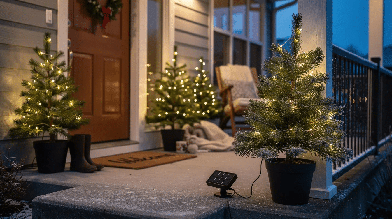 0a9ad114-9404-460d-812f-78cd66b4b2a5 The image features a set of solar-powered outdoor mini trees, adorned with warm LED lights, creating a cozy ambiance on a porch or patio. These eco-friendly decorations are designed to withstand various weather conditions, making them an ideal choice for year-round holiday celebrations.