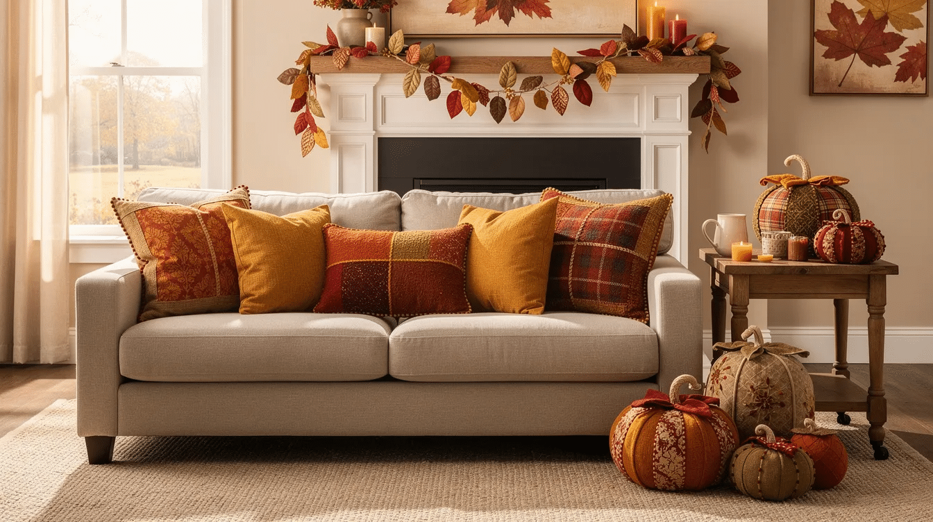0b14b9e1-89b0-4df2-b65b-edc9d633862b The image depicts a cozy living room beautifully decorated for fall, featuring handmade throw pillows in warm fall colors, a fabric leaf garland adorning the mantel, and charming fabric pumpkins displayed on a side table, creating a welcoming atmosphere for the season. This setting inspires fun sewing projects and ideas for adding seasonal touches to your home.