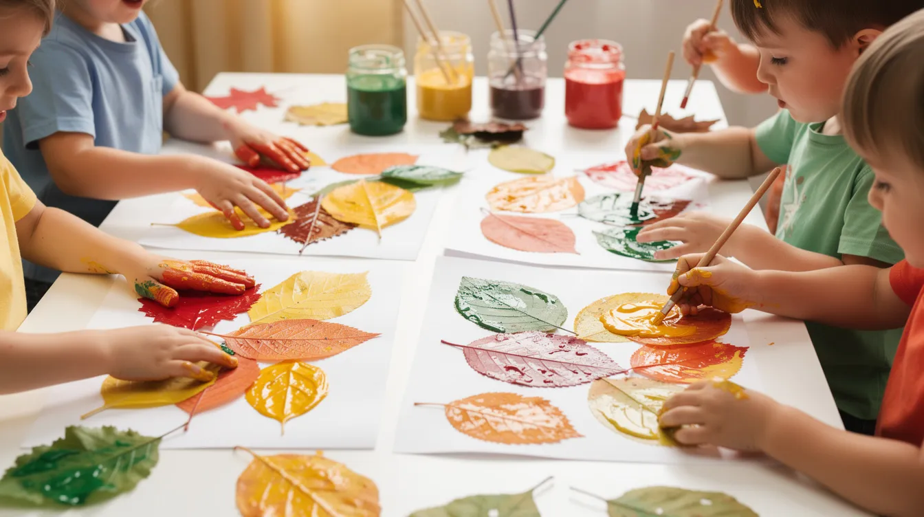 0b406c69-5c0e-4b07-a4f0-116746381345 A group of children is joyfully pressing painted autumn leaves onto white paper, creating vibrant leaf print patterns as part of their fun nature crafts activity. The scene captures their creativity and enthusiasm for making art with natural materials found during their nature walk.
