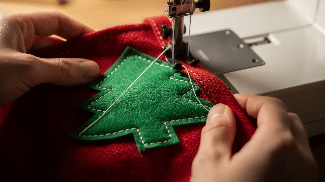 A close-up view of hands operating a sewing machine as they stitch around a green felt Christmas tree shape on vibrant red fabric, perfect for creating a festive appliqued Christmas present sack for the holidays. This image captures the intricate details of crafting holiday decorations, ideal for kids and party enthusiasts.
