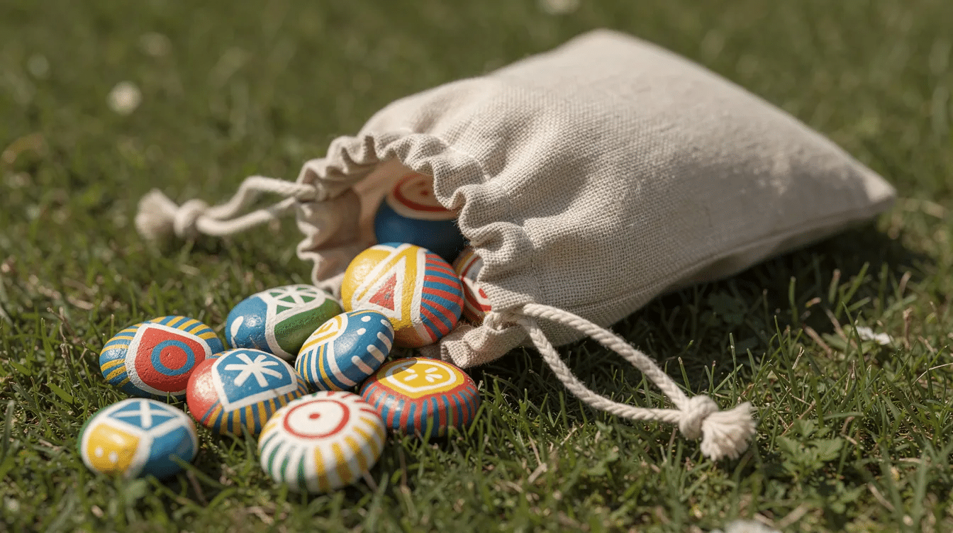 0bc72fa7-5067-4c8e-80f4-41fc9de3c858 A small fabric drawstring bag rests on a grassy surface, with an assortment of colourful painted stones spilling out. These story stones, featuring different pictures and characters, offer a fun way for younger children and independent storytellers to create their own stories and ignite their imagination.