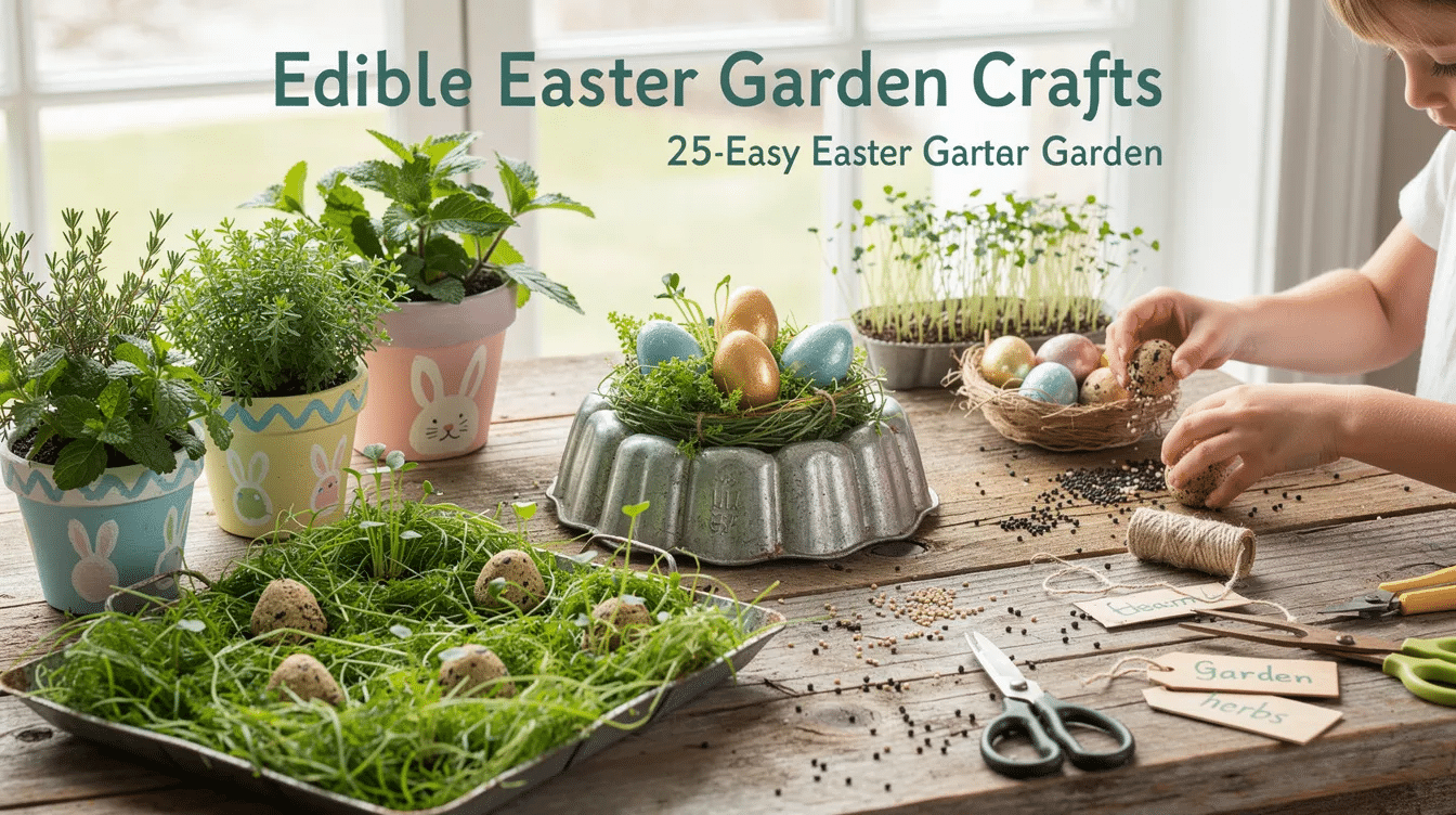 0c662509-e448-450f-8928-a2e6f00ea5d3 The image showcases an adorable Easter garden craft featuring miniature scenes made with herbs, early spring seedlings, and colorful edible decorations. Vintage Jell-o molds serve as charming nests filled with chocolate eggs and sprouts, perfect for celebrating the Easter season with kids and families.