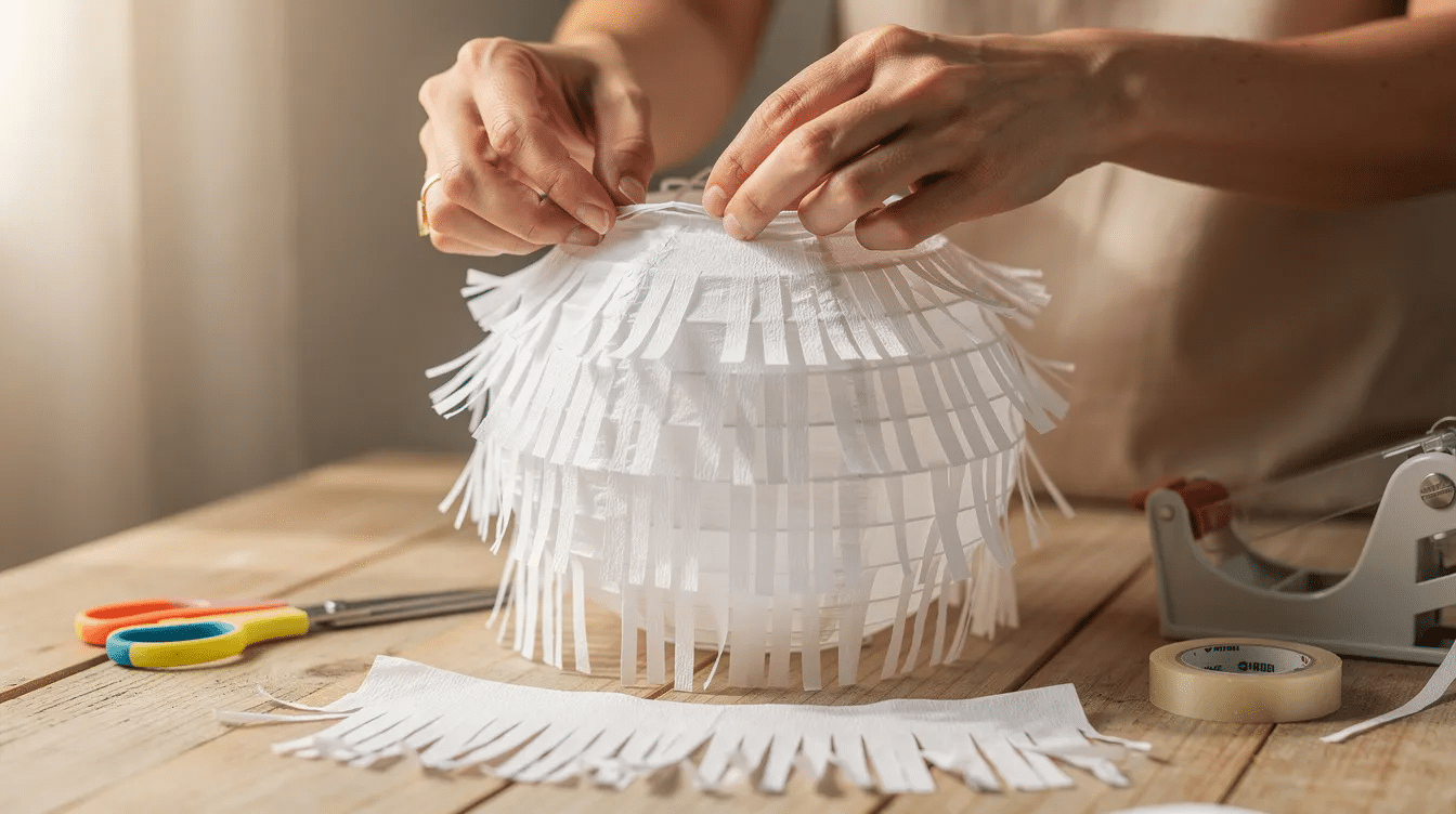 0c96cce9-e8a5-4254-a0ea-577fc34fbc40 In this image, hands are applying fringed white crepe paper strips onto a round white paper lantern, creating a DIY ghost for Halloween festivities. Scissors and tape are nearby on the craft table, indicating the fun and creative process of making a piñata for a party.