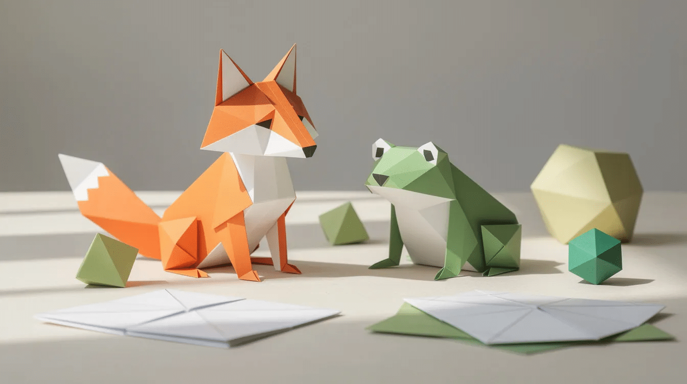 0dccaf5f-353e-43dd-a72c-d649bea10842 The image features an assortment of geometric origami animals, including a triangle-eared fox and a square-bodied frog, showcasing various geometric shapes and intricate folds. This engaging craft represents a fun and portable new hobby, perfect for kids and art enthusiasts alike, emphasizing creativity and confidence through hands-on techniques.