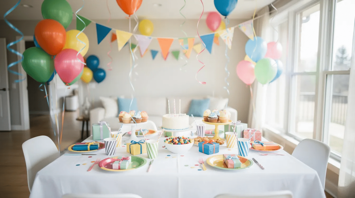 The image features a vibrant children's party table adorned with colorful streamers, balloons, and a happy birthday banner strung above it, creating a festive atmosphere in a bright living room. The cheerful decorations, including pennant flags and glitter accents, enhance the joyful celebration.