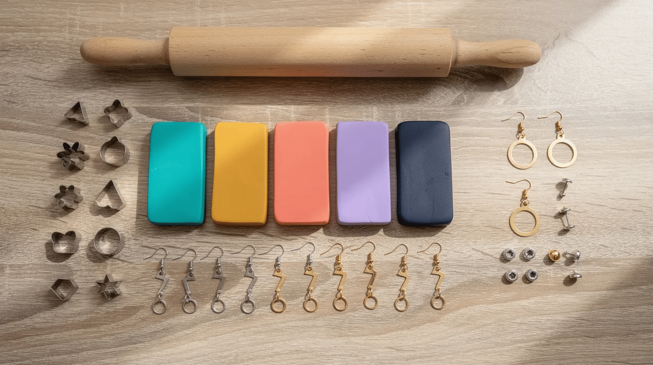0f7d3a0a-eafe-427a-9e44-06e0a3396aa0 A flatlay features an array of colorful polymer clay blocks alongside small metal cutters, a rolling pin, and earring findings, all neatly arranged on a wooden kitchen table, showcasing the tools and materials for creating unique polymer clay jewelry. This setup inspires DIY clay earrings and various jewelry projects.