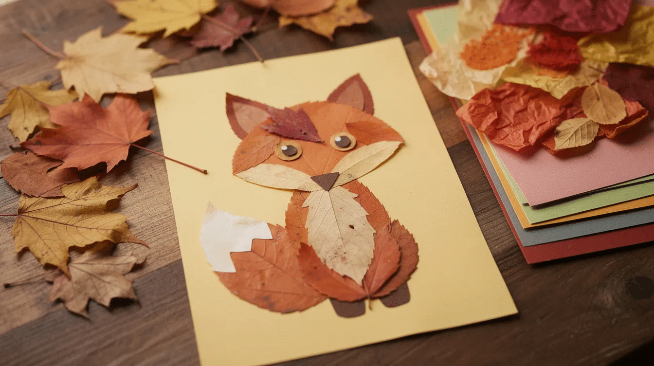 1118ef03-af4c-4026-bca0-52cc1c145fb7-1 The image showcases a charming Leaf Fox Craft made by arranging colorful fallen leaves to form the face and body of a fox, with added details like googly eyes and a nose. This fun fall craft is perfect for preschoolers, promoting fine motor skills and creativity as they celebrate the autumn season.