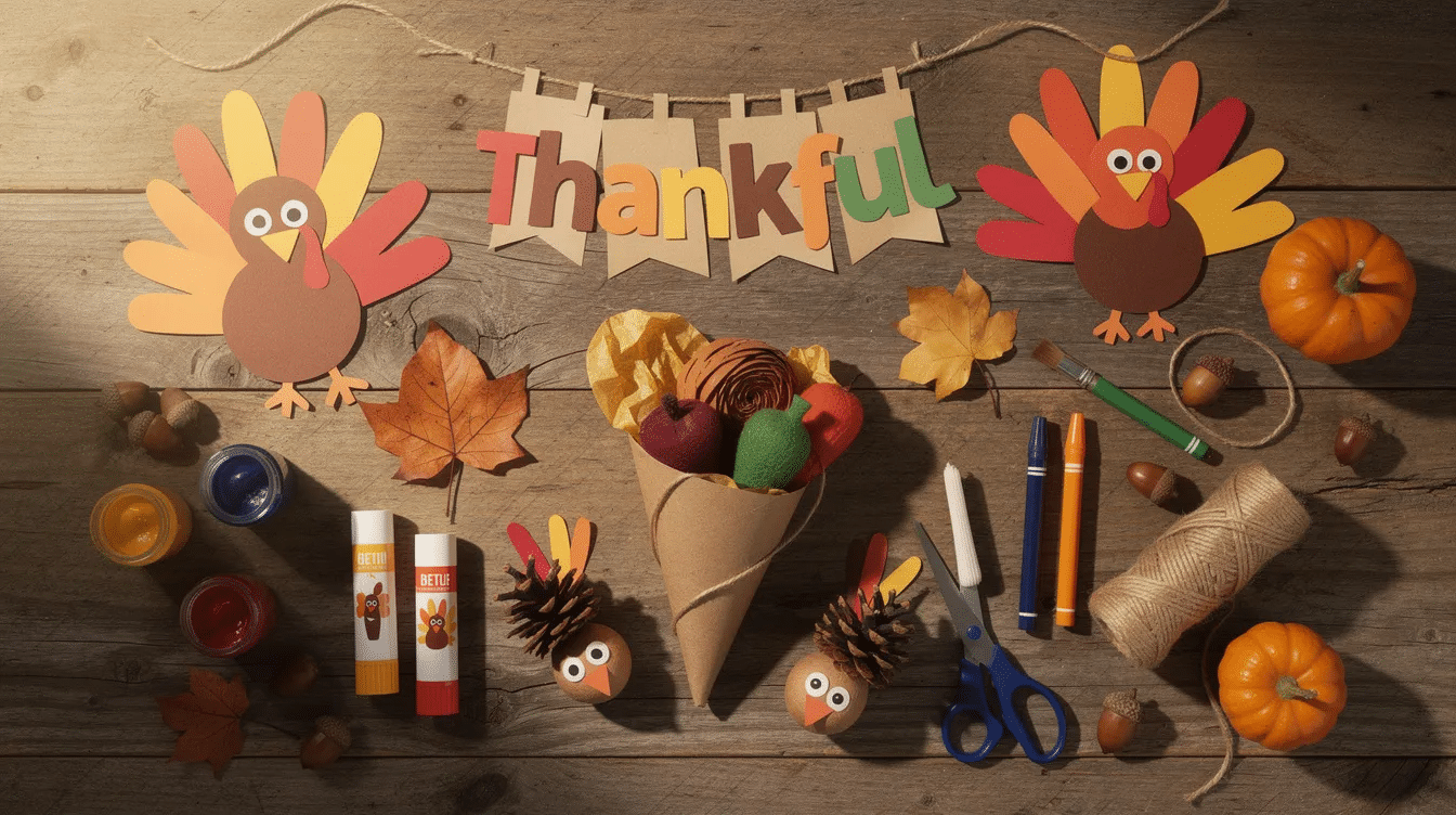 11532bc4-6389-4e30-bffa-e8d32376e03a The image features a colorful array of fall thanksgiving crafts, including adorable turkey decorations made from craft supplies like cardboard, googly eyes, and pom poms. These easy thanksgiving crafts are perfect for kids and families to create together, celebrating the season of gratitude with fun activities that enhance fine motor skills.