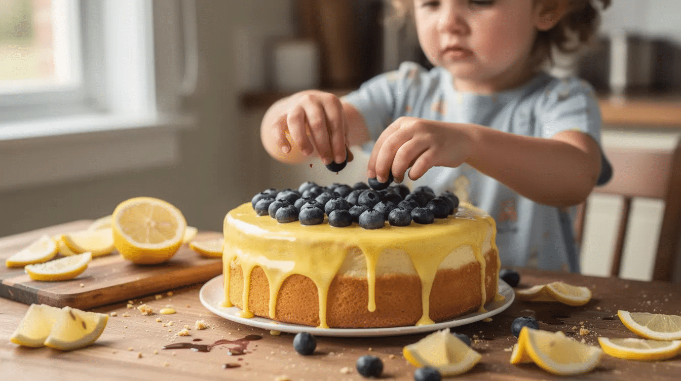 11b094a9-f0a5-408f-88c6-498d207e7c01 A young child is carefully placing fresh blueberries on top of a delicious lemon blueberry drizzle cake at a kitchen table, with vibrant lemon slices nearby, adding a touch of color and flavor to the scene. The atmosphere is filled with the joy of baking, highlighting the delightful combination of lemon and blueberry flavors.