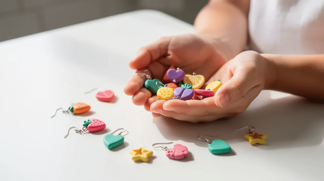 12861764-8159-42a0-a5a6-009b1f54d335 A child's hands are gently holding a variety of small, colorful polymer clay charms and earrings, showcasing unique shapes and textures, on a white kitchen table. The vibrant pieces include playful designs perfect for DIY clay earrings and jewelry projects.