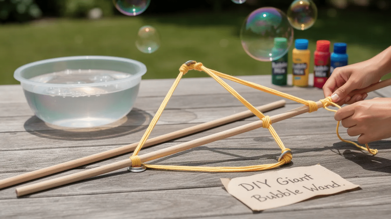 130aa604-990e-4ce8-ba52-1e324cc49d27 The image shows a DIY giant bubble wand made from two sticks tied together with a long cotton cord, creating a triangle shape perfect for making huge bubbles. Nearby, a bucket filled with bubble solution is ready for kids to dip their wands and create fun, floating bubbles during summer playtime.