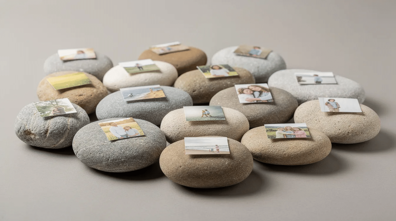 130c7bc2-7d6f-41fb-bd47-c6a397fc0602 A collection of smooth, flat stones, each adorned with small printed photographs, offers a creative way to inspire storytelling for children and independent storytellers. These assorted stones serve as a fun tool for imaginative play, allowing kids to create their own stories using the different pictures attached to each stone.