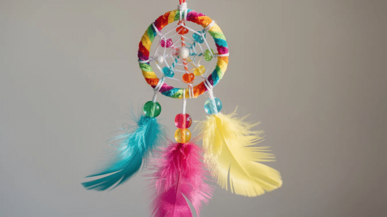 13155e9a-1d15-499a-8c3d-c82c3e2dd823 The image features a finished mini pipe cleaner dreamcatcher, showcasing a colorful web adorned with pony beads and delicate feathers hanging from yarn tails at the bottom. The circular design highlights the intricate twists and joins of the pipe cleaners, creating a vibrant piece meant to capture dreams.