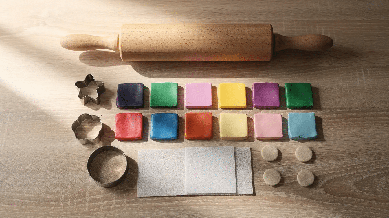 13afa998-57a5-4485-b656-8cc3f735f53b A flat lay showcases colorful polymer clay blocks, a rolling pin, various cookie cutters, sandpaper, and felt pads, all neatly arranged on a wooden surface, ideal for creating DIY terrazzo coasters. This setup highlights the essential materials and tools for crafting beautiful handmade coasters in different shapes and colors.