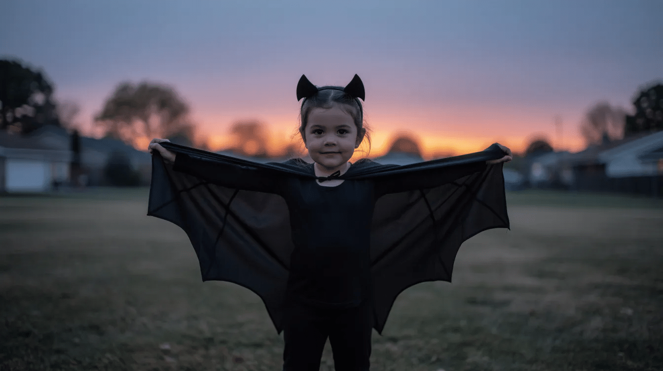1487f29a-ed46-4b25-9d4c-044b213baf98 A young child stands outdoors at dusk, wearing an adorable DIY bat costume featuring black fabric wings and a black headband with bat ears. The child's arms are outstretched, showcasing the wing shape, while the evening sky creates a magical Halloween atmosphere.