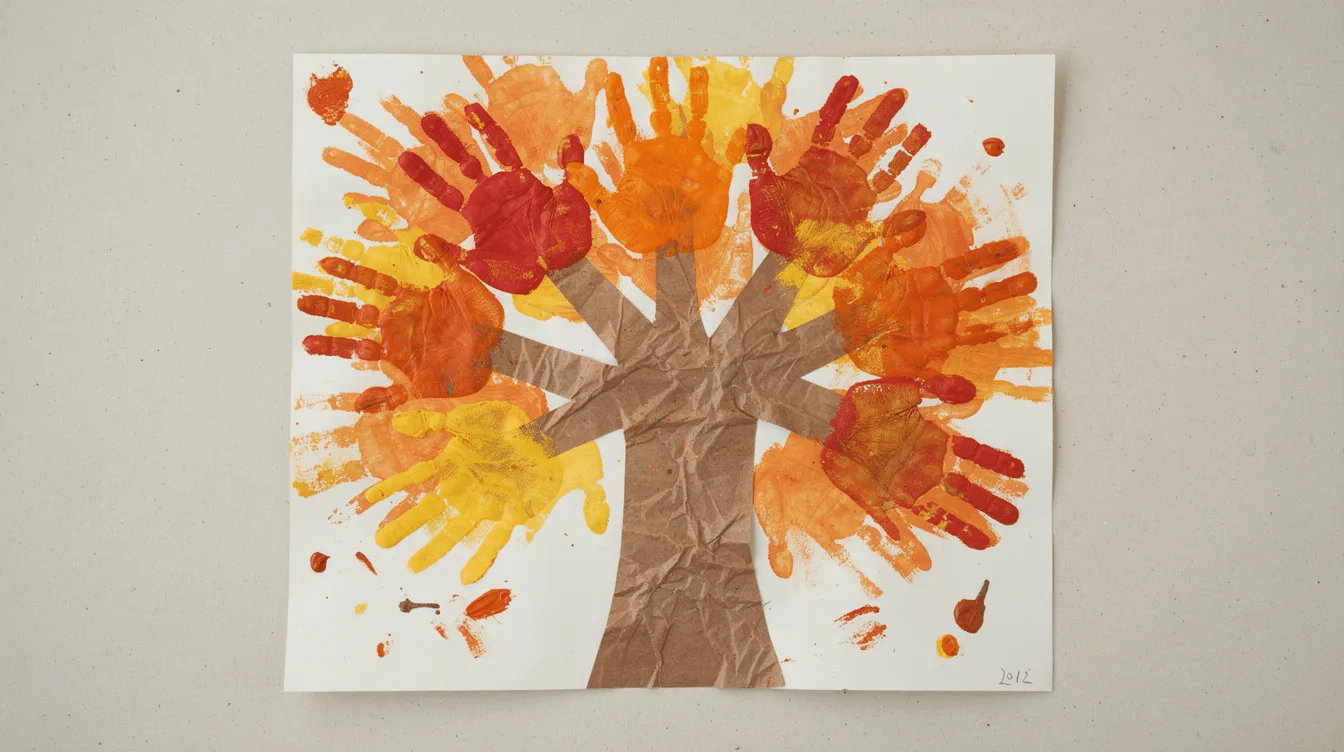 149509e5-f3b5-4f37-95e4-a57ba56cb419 The image features a vibrant fall tree artwork made from colorful handprints, showcasing red, orange, and yellow hand-shaped leaves atop a brown construction paper trunk. This creative craft is a fun way for kids to celebrate the changing seasons and develop their fine motor skills while making a memorable autumn decoration.
