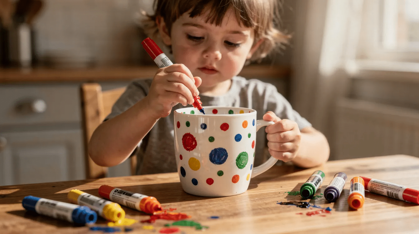 14afb39e-fc1b-42f4-8b22-c3c330aa3d7d A young child is happily decorating a plain white ceramic mug with colorful dots and shapes using paint pens at a kitchen table, surrounded by scattered craft supplies. This fun DIY project showcases the creativity of kids as they transform inexpensive mugs into personalized treasures.