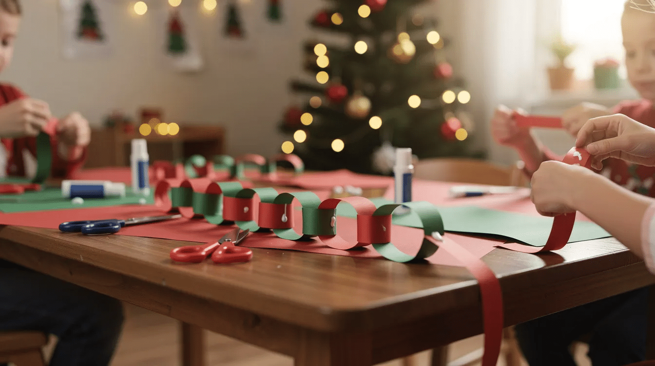 150c68fc-c354-4d7b-aaf0-c8be65206b12 The image shows a colorful paper chain garland made from linked strips of red and green construction paper, a classic Christmas craft project perfect for kids. This simple and creative DIY activity is ideal for the holiday season, allowing young children to engage in a fun and meditative crafting experience.