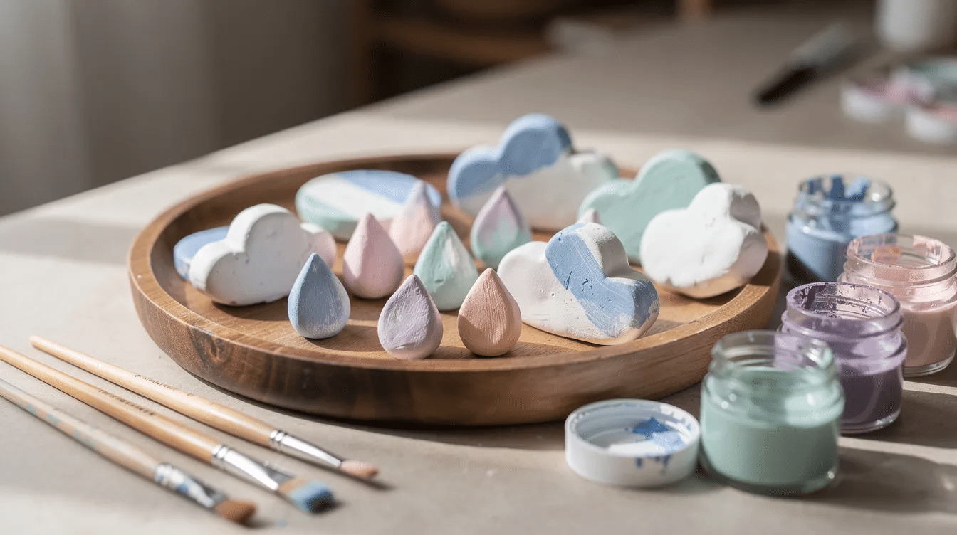 A wooden tray holds painted clay pieces shaped like clouds and raindrops in soft white and pastel colors, with small paintbrushes and jars of paint nearby, representing the drying process of these air dry clay creations. The scene captures the essence of crafting a whimsical cloud mobile, showcasing the delicate details of each clay piece.