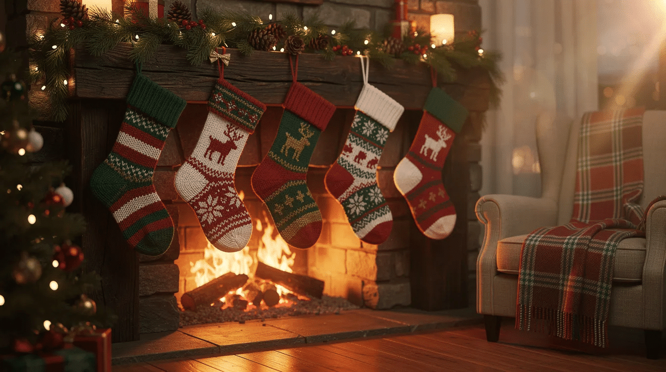 16bf5780-eae5-4c4f-9b6e-efff4927808b A row of colorful handmade Christmas stockings hangs from a wooden fireplace mantel in a cozy living room, each ready to be filled with small surprises and stocking stuffers for loved ones during the holiday season. The warm atmosphere invites thoughts of thoughtful gifts and festive treats for family members of all ages.