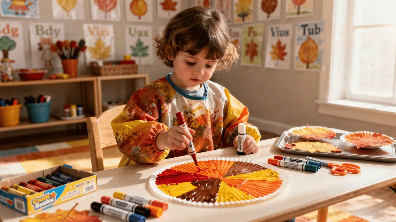 1732487e-b085-4d74-ae73-cc891b47392f A preschooler is joyfully painting a coffee filter with bright fall-colored markers at a craft table, showcasing their artistic expression and fine motor skills. This fun fall craft is a wonderful way for little ones to celebrate the autumn season while engaging in imaginative play.