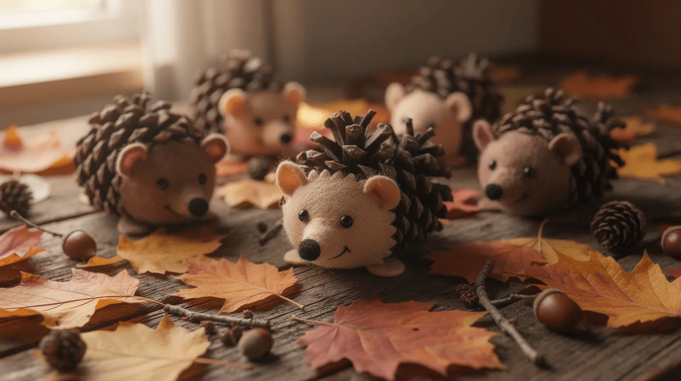 1740f4bd-6839-4a6e-ae55-5d69c2d4bbcf-1 The image shows several adorable pinecone hedgehog crafts with small felt faces, arranged on a table adorned with colorful autumn leaves. This fun fall craft is a wonderful way for preschoolers to develop their fine motor skills while celebrating the fall season.