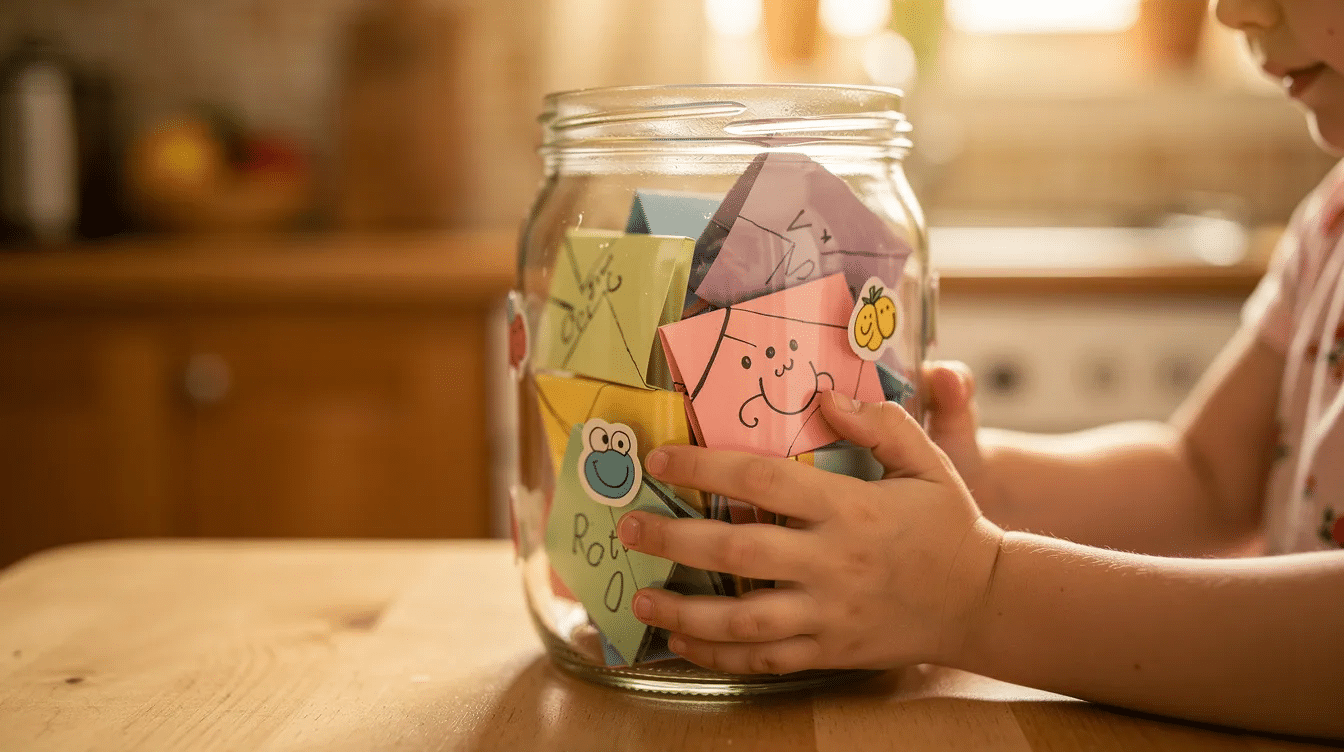 17466bab-5c47-42cb-ba15-5889ea50c6a6 A child's hands gently hold a beautifully decorated dream jar filled with colorful paper slips, symbolizing positive thoughts and dreams. The warm kitchen background adds a cozy atmosphere, perfect for inspiring creativity and imagination.