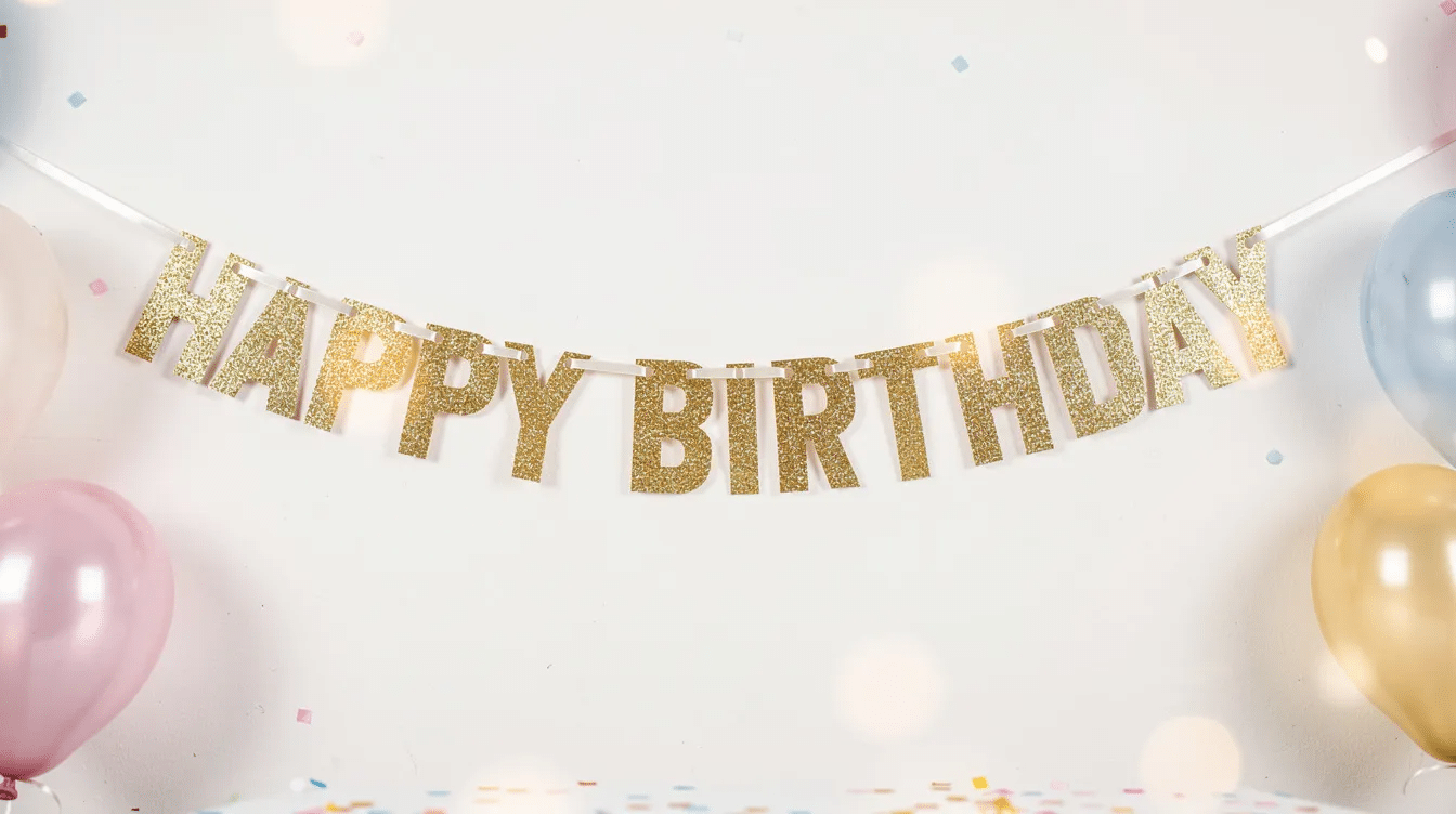 The image features a vibrant glitter birthday banner that spells out