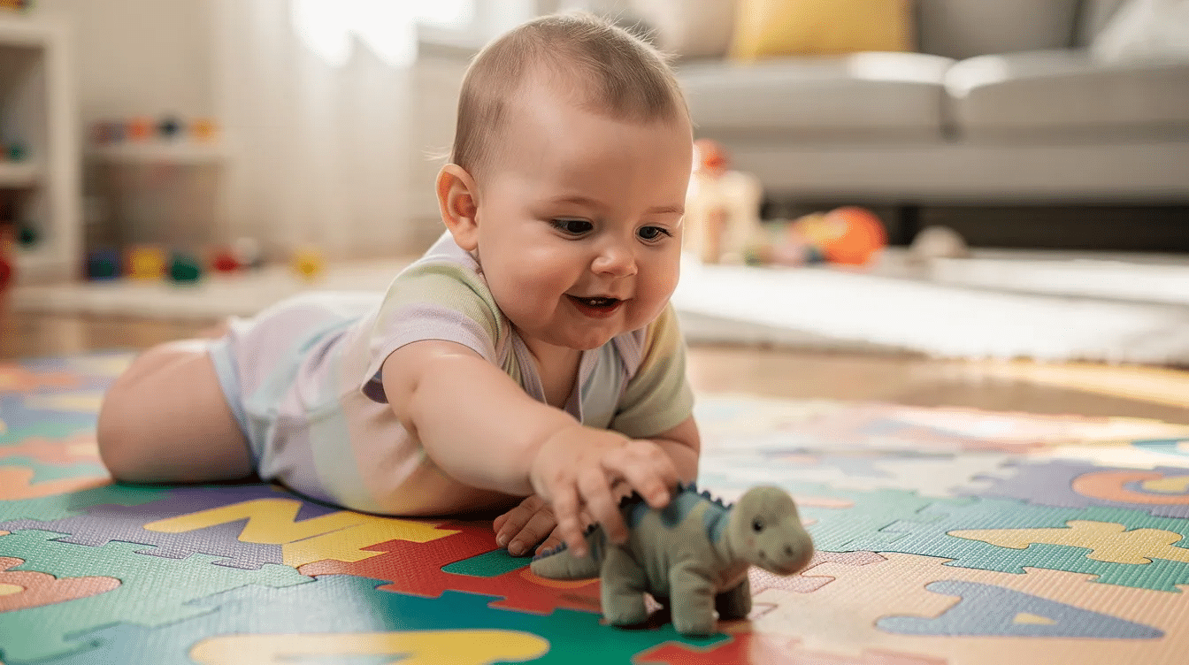 17e0f760-0990-4575-859f-bea98ba3d684 A toddler is on a colorful play mat, reaching out for a cute small soft fabric dinosaur toy during tummy time. The dino toy is bright and inviting, perfect for kids to play with, but care should be taken as it may contain small parts that could pose a choking hazard.