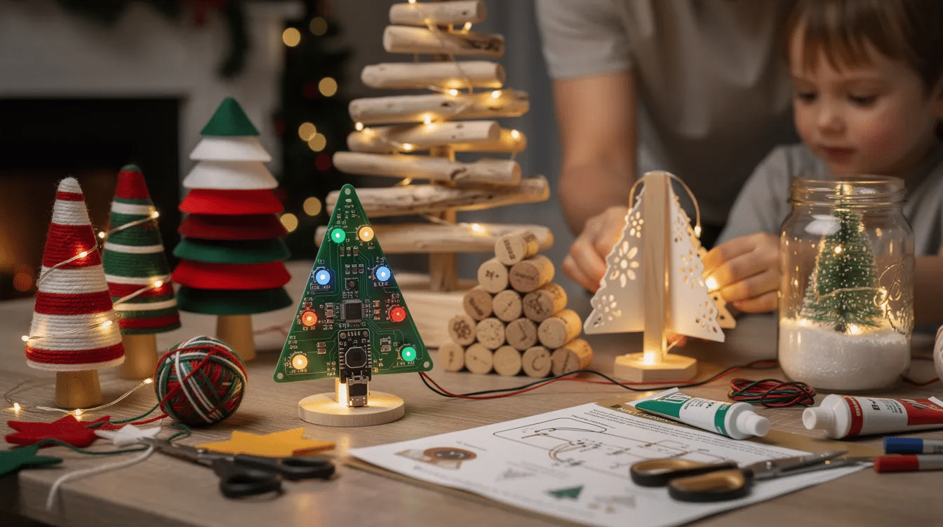 17f2ff28-c62d-4627-8eee-5977dadb6b38 The image showcases a DIY kit for creating mini Christmas trees, featuring components like LED lights, a small circuit board, and colorful yarn for decorating. Families can enjoy crafting together as they build and illuminate their unique holiday trees, enhancing their home with festive cheer.