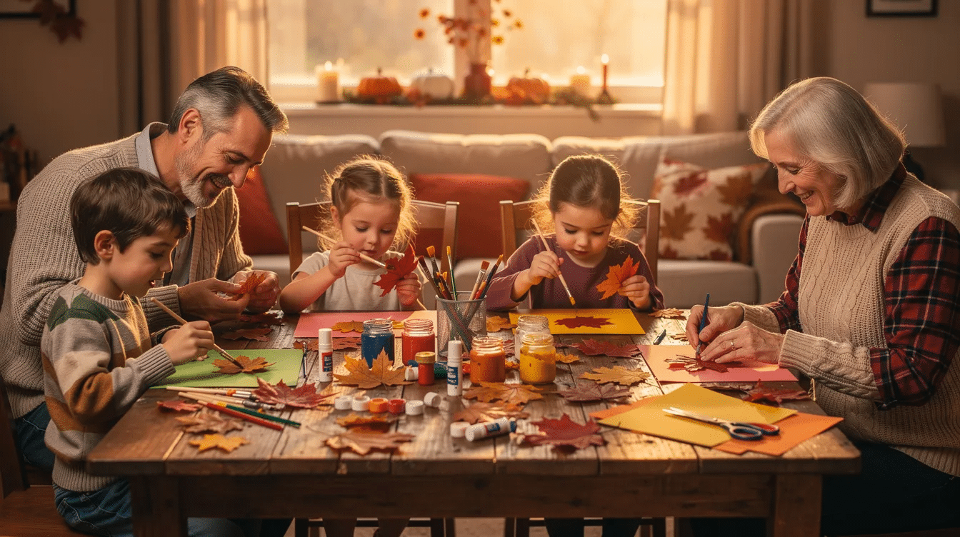 1832a3f7-af7d-4694-ad76-68f87480d5f3 A family is gathered around a wooden table adorned with vibrant autumn leaves and various craft supplies, joyfully creating colorful thanksgiving crafts together. The scene captures the essence of a fun fall activity, with children and adults alike engaging in creative projects that celebrate the season.
