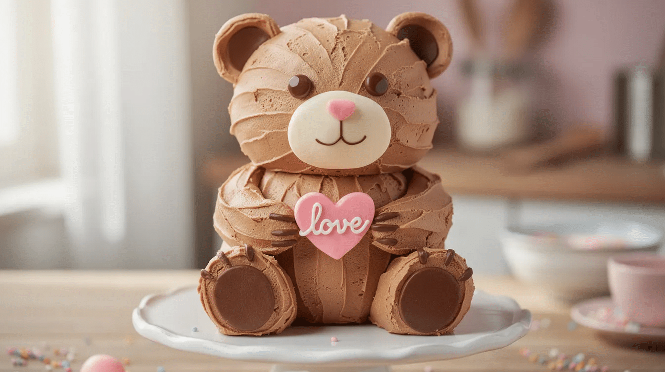 1910bfc0-752f-4fe4-a7d9-07be131ab534 The image features an incredibly cute teddy bear cake, designed with light brown frosting and adorned with darker chocolate frosting to create the bear's face and ears. This adorable cake is perfect for a child's birthday party or a baby shower, sitting on a cake stand and decorated with paw prints made of black icing.
