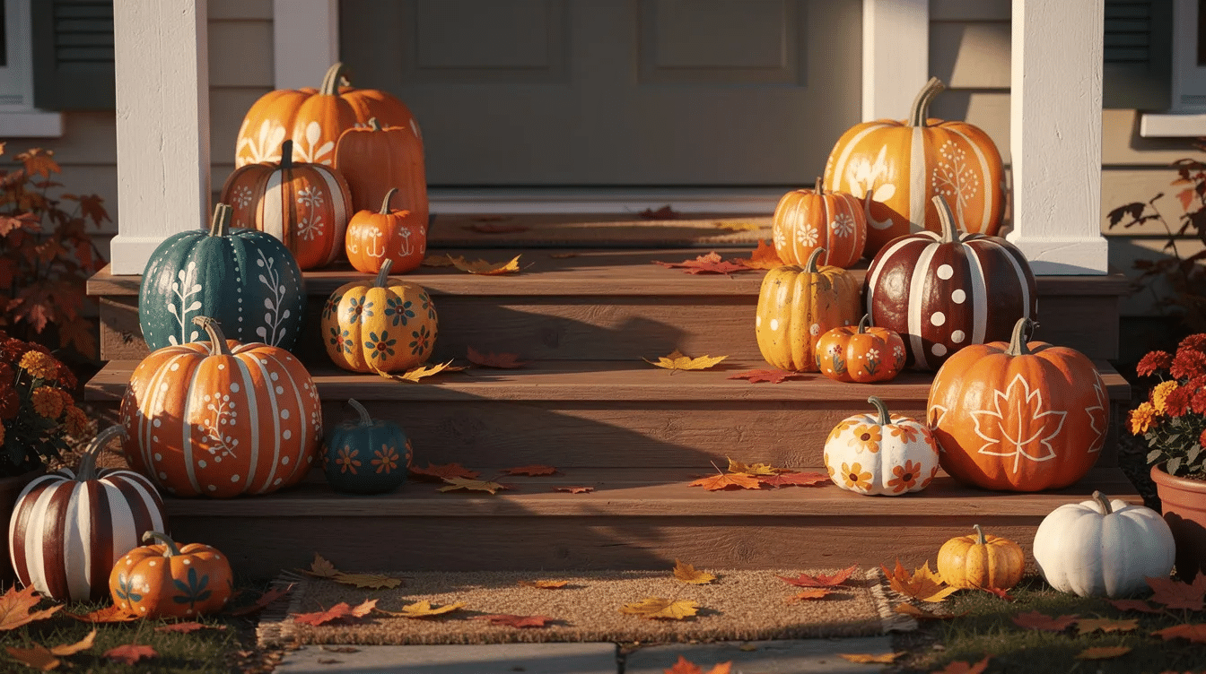 196d1d1f-462e-439c-9721-b9848bf3bc97 A cozy front porch features a vibrant display of colorful painted pumpkins, each adorned with creative designs, surrounded by scattered autumn leaves. This charming fall craft arrangement captures the spirit of the season, inviting families and friends to celebrate and enjoy the beauty of autumn.