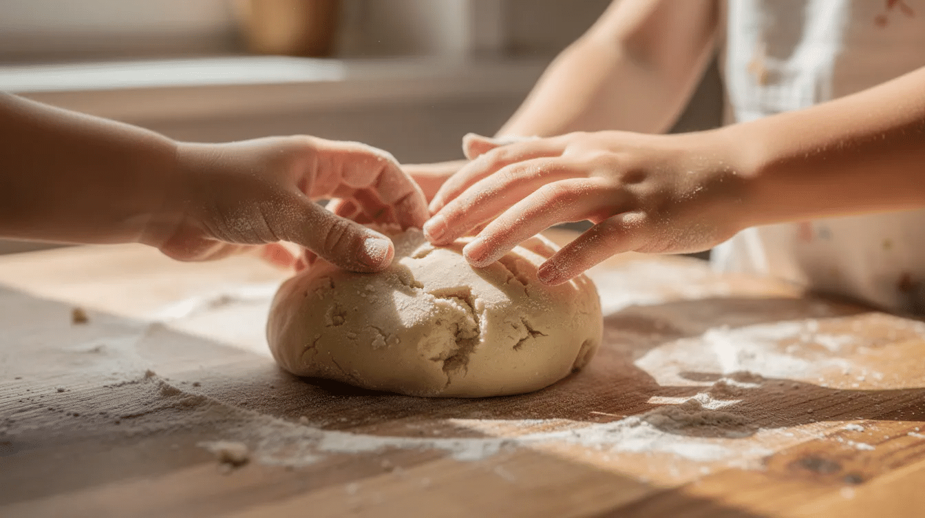 1a0430fa-5115-4df0-97a6-862a67dc60f7 A child's hands are kneading a ball of salt dough on a lightly floured wooden table, showcasing the fun and creativity involved in making salt dough ornaments. The dough appears smooth and slightly sticky, perfect for shaping into festive decorations.