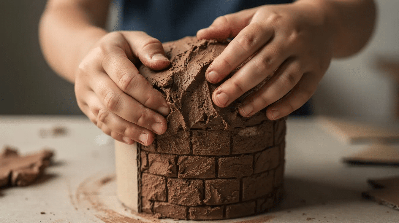1a89d0de-48e6-44e2-a651-44e205aca32f A close-up view of a child's hands applying a brown textured paste to a cardboard cylinder, simulating the mud walls of a traditional African mud hut. The hands are engaged in a creative process, inspired by the architecture and history of homes built in open spaces across the African continent.