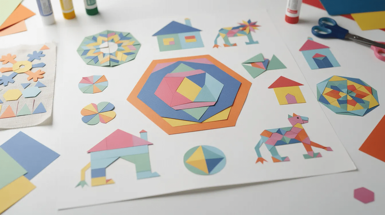 1aab9976-1e02-4194-95c6-6983ee7642e9 The image depicts a vibrant shape collage art created from cut paper, showcasing various geometric shapes arranged into playful forms like animals and abstract designs. This creative piece highlights the fun and inspiration found in crafting, making it a perfect representation of a new hobby for kids and Gen Z alike.