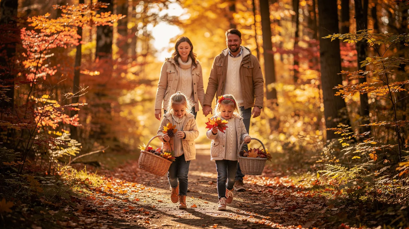 1b26db50-1b96-4ce5-8583-f2c4acdf3ba6 A family strolls along a forest trail blanketed in colorful autumn leaves, illuminated by golden sunlight, while children joyfully carry baskets, likely collecting natural treasures for fun nature crafts. This scene captures the essence of fall, showcasing the beauty of the natural world and the joy of spending time outdoors together.