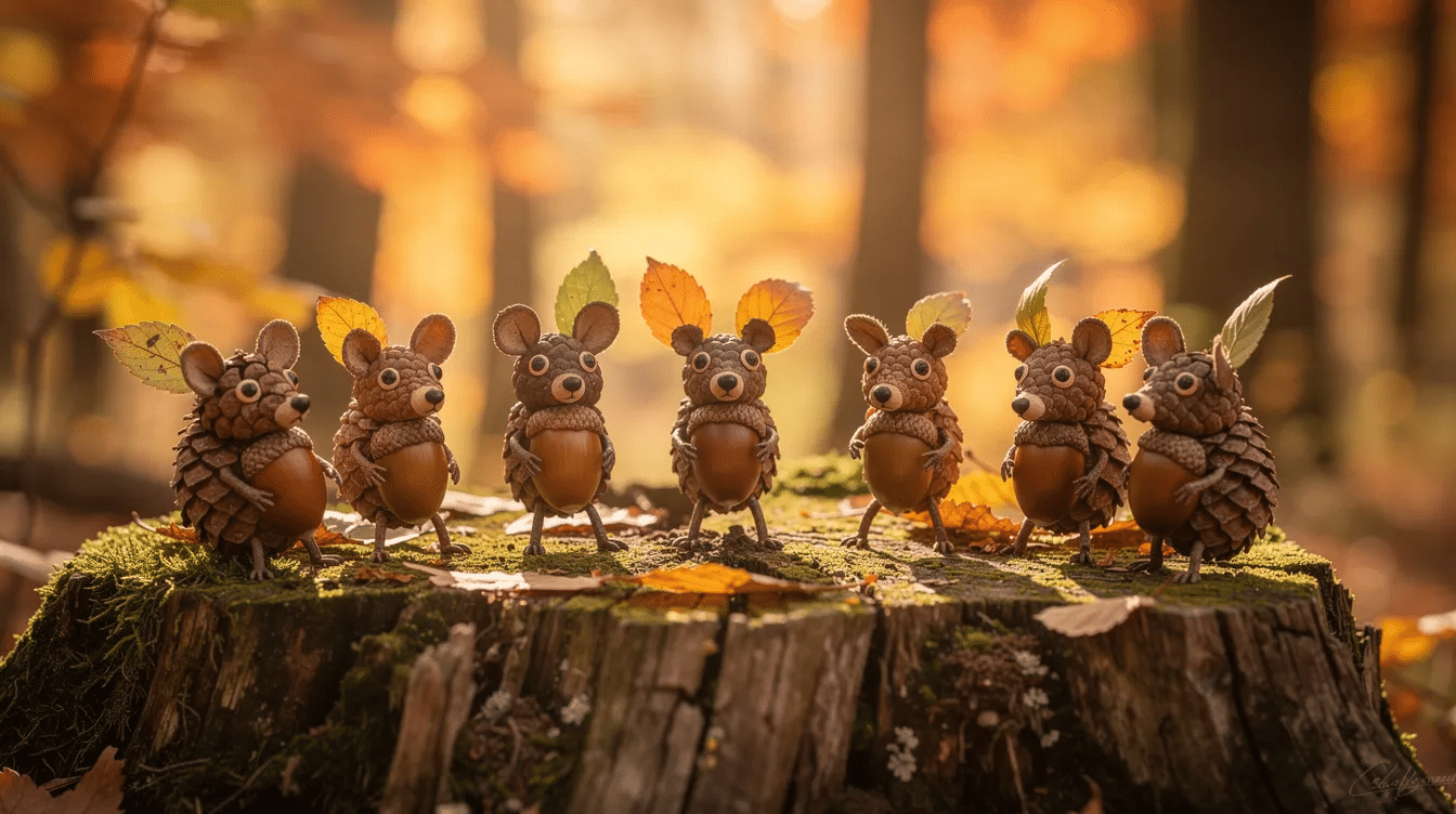 1bd35e61-4647-40bf-9bfe-ee32772aac2b A charming arrangement of small animal figures crafted from pinecones and acorns sits atop a mossy tree stump, illuminated by warm autumn light, showcasing the beauty of nature crafts. This delightful scene captures the essence of fall nature crafts, perfect for inspiring creative projects with natural materials.